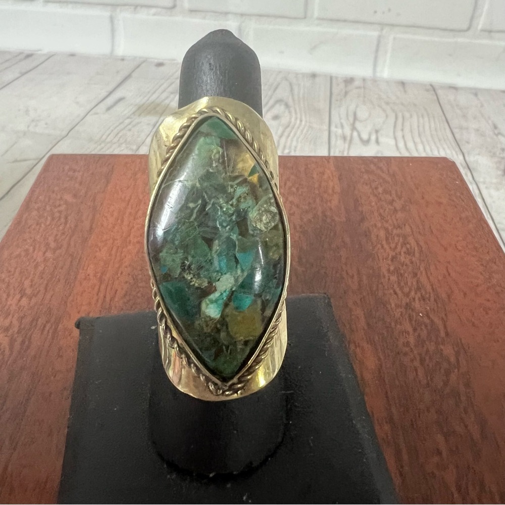 Gold-Tone Ring with Green Marquise Gemstone